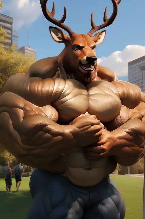  realistic rendering, CG realistic, 3d realistic, muscular old man in park (brown deer), medium shoot, half body an anthto, bearded, happy expression, really big muscle, bigger muscle, very big muscular, over sized muscle, biggest muscle, big pec muscular,...