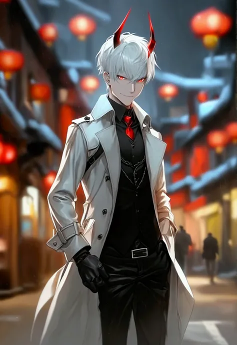 1man, tall, mature, pale, (red eyes, white hair, short hair, sideswept hairstyle, sharp curved red horns), town, night, (black canvas vest, red undershirt, black leather trench coat, black dress pants, black dress shoes, black fingerless gloves), cinematic...