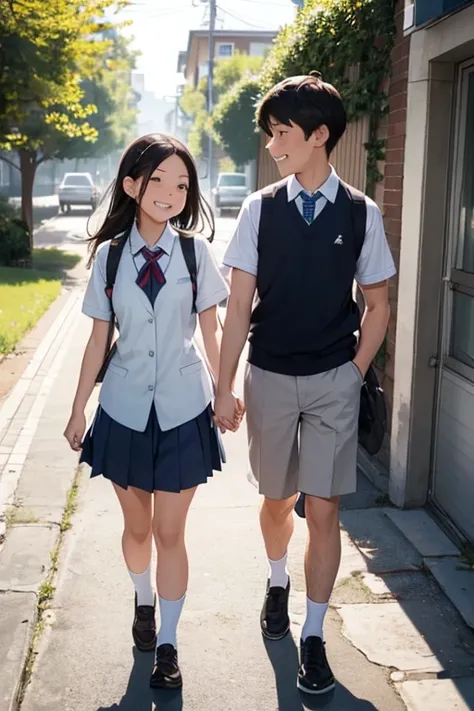 A couple walking home from school, holding hands and smiling. Both of them are wearing school uniforms, a summer scene.