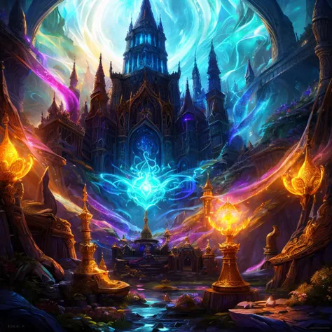 A magical artifact that can grant wishes, detailed fantasy scene, highly detailed, intricate, ornate, glowing magical energy, mystical, ethereal, mysterious, enchanted, dramatic lighting, vibrant colors, cinematic, concept art style