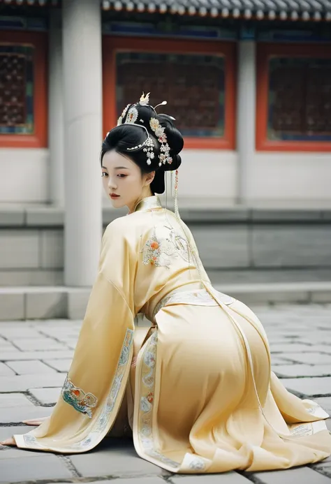 a side view of a chinese empress on all fours, a close-up of her buttocks. the background is the stone paving outside the chines...