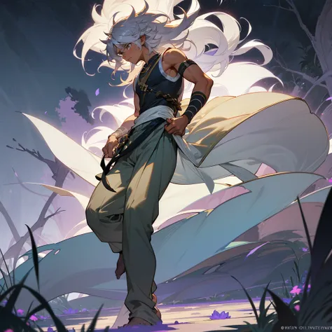 1male, muscular, tan skin, young teen, finely detailed lavander eyes, wild long hair, messy hair, seashell white color hair, adventurer gear, sleeveless shirt, baggy combat pants, night time, dark forest, somber expression, angry, flowers, standing on path...