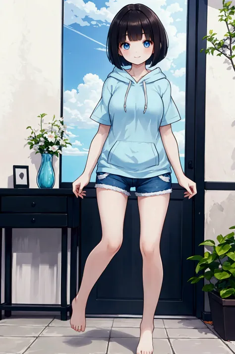 Photorealistic、Highest quality、Highest Resolution、Highest quality、８Ｋ、One beautiful woman、Cute face、Bob cut hair、Dark Hair Color、Pale blue eyes、Beautiful breasts、Hoodie with short sleeves、Shorts、whole body、Full Body、stand、smile、