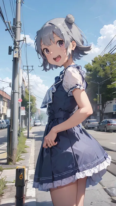 masterpiece, Highest quality, High resolution, Very detailed,(((Koharu Rikka))), (((blue sky)))、(((Laughing out loud。)))、(((Standing in the distance))), (((Facing forward。))), (((Laughing with mouth open。))), (((electric wire))), (((Electric pole)))