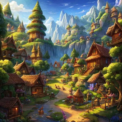 A magical village in the middle of which there is a magic tree and dragons live in this village.