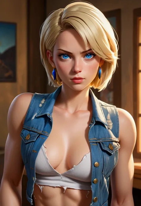 Woman in her 20s, (ANDROID_18), (perfect face), defined jaw, Beautiful lips, (short straight blonde bob hair), (beautiful bright blue eyes), (perfect anatomy), athletic body, (sexy), (perfect hands), small simple gold earrings, (unbuttoned blue jean vest),...