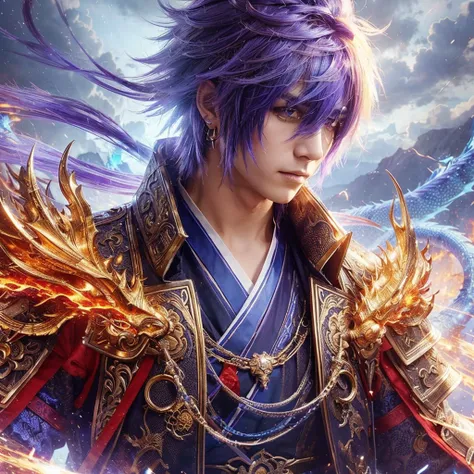 A handsome emo man with purple hair ending in blue as Dragon Warrior, Dragon Warrior Iron, wearing a complex Chinese battle dress, like anime dynasty warriors, Gold Zhou yun, red Lu bu, Silver Yukimura, thundering sky, Anime-Semi realism, intense energy ra...