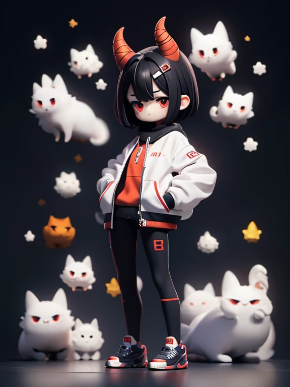 Young Girl,,Mini character,Red eyes,Black Hair,Dark atmosphere,Deformed character,Horns growing,Ahoge,Short Hair,Short Hair,Very Short Hair,slender,Slender,Watching the audience,Facing the screen,Standing with your legs apart,Even the toes are visible,Even...