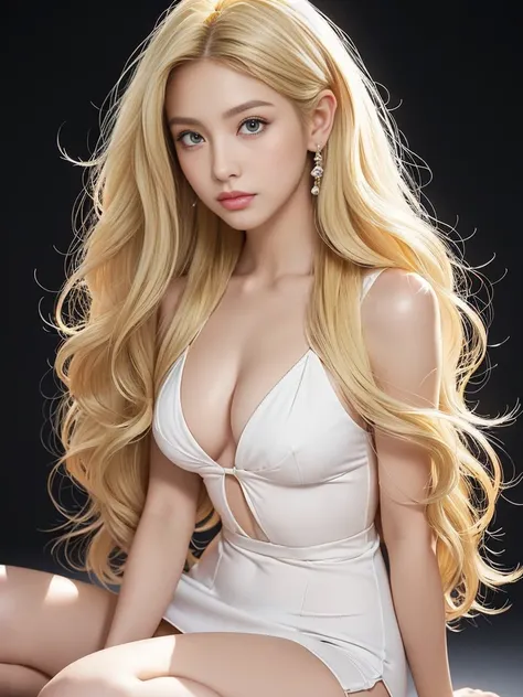 (White wall background:1.8. Upper body photo from the knees up)　(Random seated model poses)　((A pose that shows as much hair and back as possible))　((Her hair is blonde:1.5))　((Her hair is very wavy!!!))　(Sensual look and expression)　(Big Breasts)　(White L...