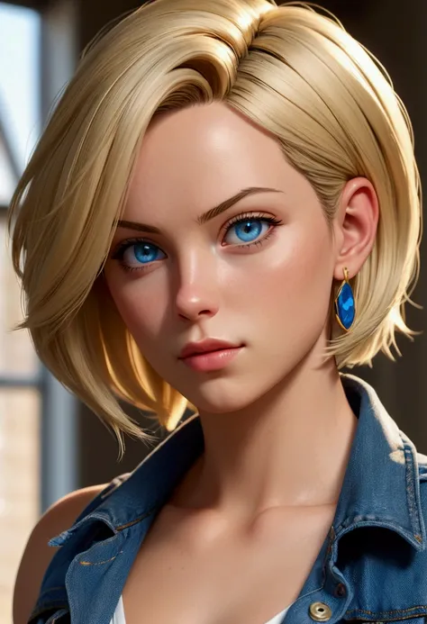 Woman in her 20s, (ANDROID_18), (perfect face), defined jaw, Beautiful lips, (short straight blonde bob hair), (beautiful bright blue eyes), (perfect anatomy), athletic body, (sexy), (perfect hands), small simple gold earrings, (unbuttoned blue jean vest),...