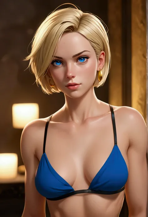 Woman in her 20s, (ANDROID_18), (perfect face), defined jaw, Beautiful lips, (short straight blonde bob hair), (beautiful bright blue eyes), (perfect anatomy), athletic body, (sexy), (perfect hands), small simple gold earrings, (small black thong), (ripped...