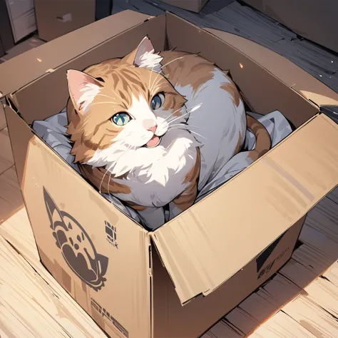 Manga style illustration, high quality, 最high quality, High resolution, masterpiece, 最高masterpiece, 8k, Cat in a cardboard box