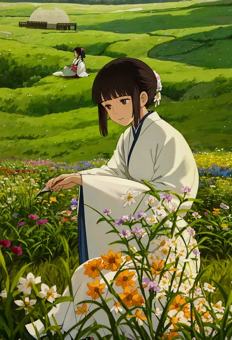 arafed woman sitting in a field of flowers reading a book, white hanfu, palace ， a girl in hanfu, girl sitting in a flower field, by Yang J, sitting in a field of flowers, in a field of flowers, in a cottagecore flower garden, hanfu, in a field with flower...