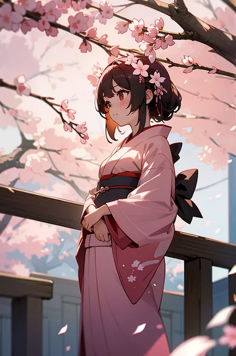 There is a girl in a kimono under the cherry blossoms