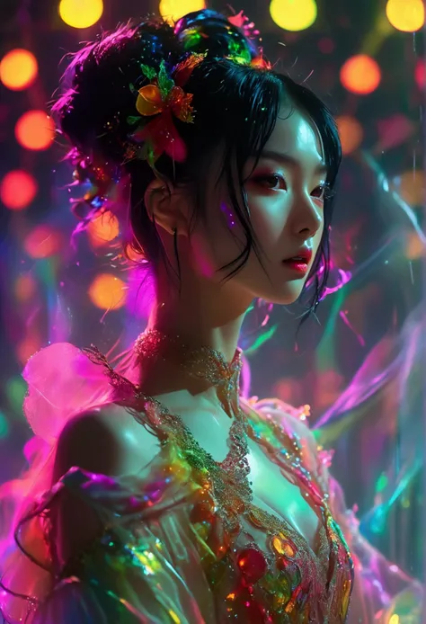 A charismatic anime style East-Asian female pop idol performs on stage in a vividly lit dark setting, looking magnetic and mysterious. She stands proudly with her sleek black hair and attire, subtly adorned with rainbow accents. Bathed in a wash of cool ne...