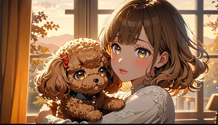 a girl hugging a toy poodle, warm light from the window, detailed eyes, beautiful detailed lips, extremely detailed face, long eyelashes, animetic, highly detailed, 8k, best quality, masterpiece, natural lighting, warm colors, soft lighting, elegant, seren...