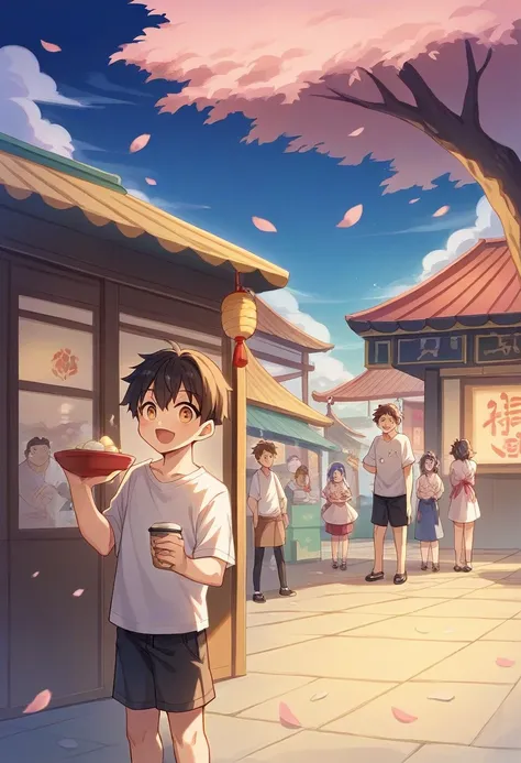 1. "Zakus in the streets of Tokyo in the Reiwa era々A scene where he is interacting with、Colorful streetscape、Sunset sky"

2. "Zaku participating in a traditional Japanese festival、Food stalls and fireworks、Lively atmosphere"

3. "Zak is drinking coffee in ...