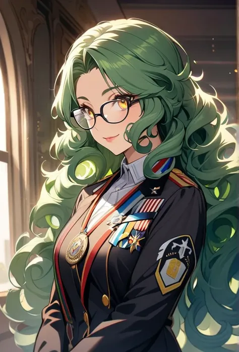 Girl, curly hair, yellow eyes, cute, beautiful, long hair, green hair, high detail, Solo,  curly hair, glasses, mature, adult, top-ranking general, medal