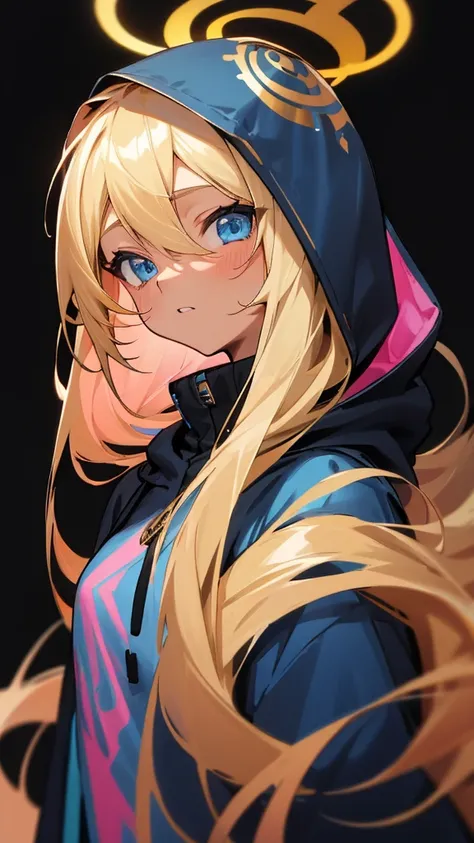 1female, blonde hair, straight hair, tan skin, blue eyes, calm expression, black hoodie with gold blue and pink designs, black background