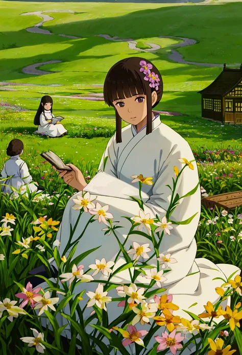 arafed woman sitting in a field of flowers reading a book, white hanfu, palace ， a girl in hanfu, girl sitting in a flower field, by Yang J, sitting in a field of flowers, in a field of flowers, in a cottagecore flower garden, hanfu, in a field with flower...