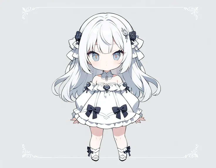 ultra-detailed, grey background, simple background, chibi, arms at sides, upright, concept art, solo, cowboy shot, full body, looking at viewer, Cute ,　Long white hair,　Silver eye, 　Bare shoulder Lolita,White clothes, whole body,　One person