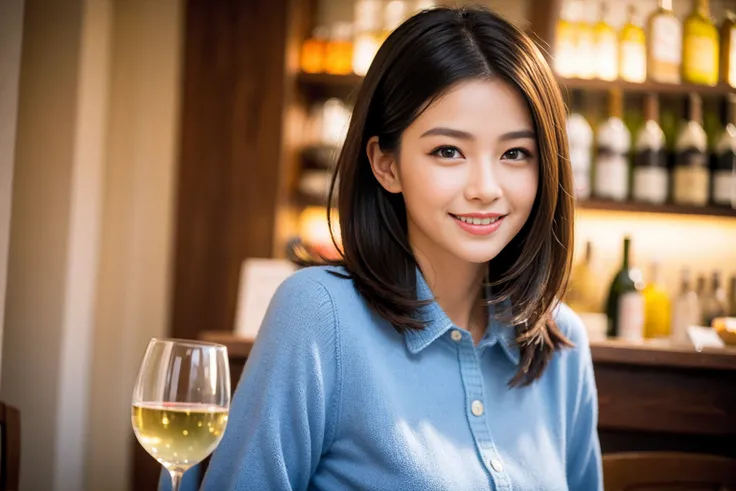 ((Highest quality、8k、masterpiece:1.3))、Beautiful woman who looks like Satomi Ishihara、1 male、1 female、Couple、spouse、half、The body is slim、((Bob Hale、Straight hair:1.2)), (Realistic, Intricate details:1.2), テーブルの上のwine glass、Put the light on your face、 Amaz...