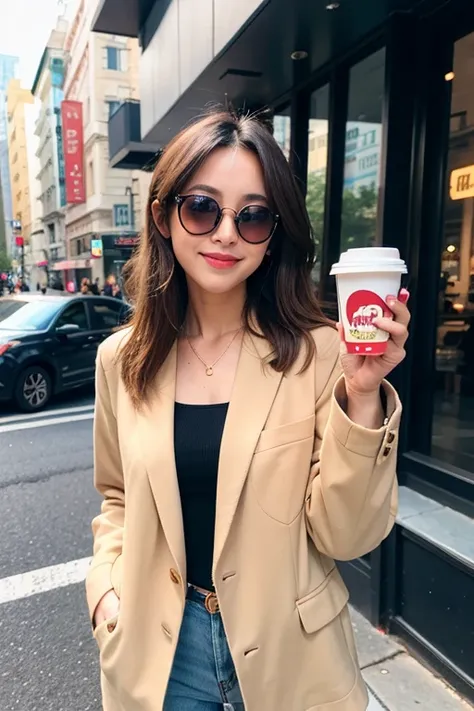 A stylish girl is winking while holding coffee and wearing sunglasses on the streets of the city.