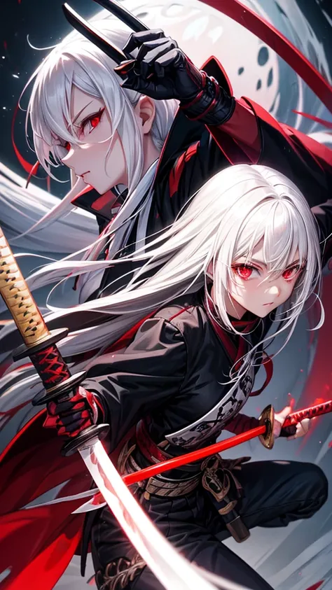 White hair red eye holding katana night time 