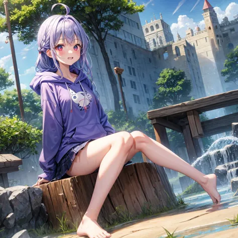 Blue-light purple hair、Red eyes、Braid、One cute girl、solo、And soul、Light clothing、Checked mini skirt、petal、Wet hair、Sitting on a stump、black t-shirts、Rabbit Hoodie、Has a button、large tree、cloud、Red full moon、desert、barefoot、Stones are piled up、Teeth are vis...