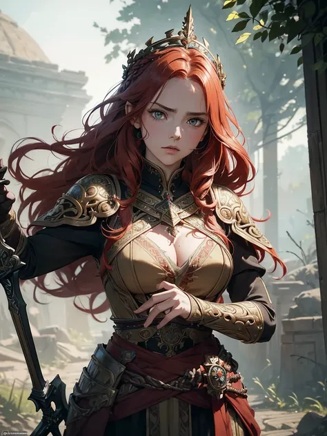 (by Greg Rutkowski: 1.2), (masterpiece), ((best quality)), extremely delicate and beautiful, illustration, highly detailed face and body. ((fierce and powerful warrior queen with a braided crown of fiery red hair, piercing golden eyes, dressed in ornate ar...