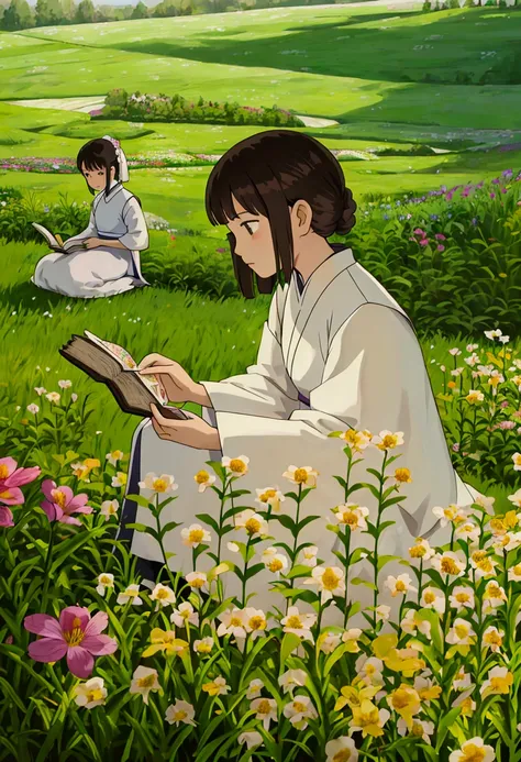 arafed woman sitting in a field of flowers reading a book, white hanfu, palace ， a girl in hanfu, girl sitting in a flower field, by Yang J, sitting in a field of flowers, in a field of flowers, in a cottagecore flower garden, hanfu, in a field with flower...