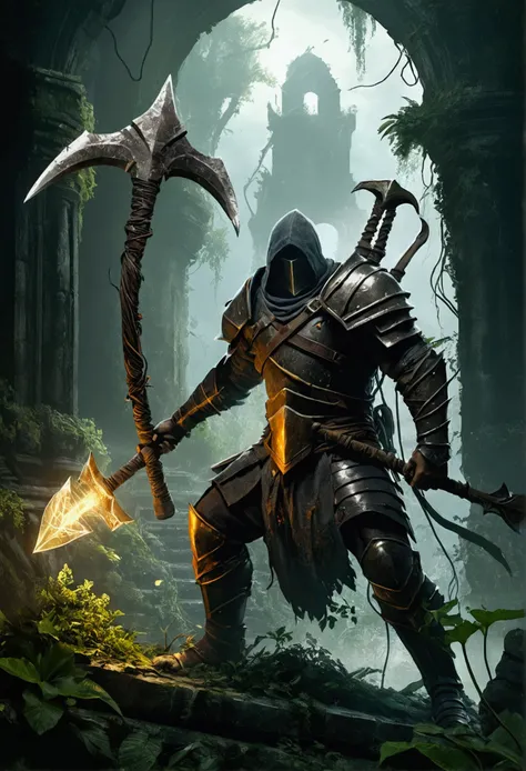 A powerful Marauder wielding a colossal axe, dark fantasy, concept art The sunken city of Act 1, overgrown with jungle, atmospheric, concept art A character casting Lightning Arrow, surrounded by electric arcs, dynamic pose In the style of Dark Souls