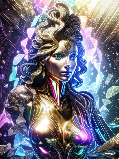 Highest quality, Super Fine, 16K, Incredibly absurd, Very detailed, delicate, Flashy and dynamic depiction, A plaster bust of a mysterious and beautiful goddess, Fusion with rainbow holograms, Rainbow holographic projection, A room surrounded by prism wall...