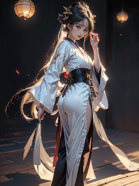 ((best quality)),((excellent quality, 8K, master piece: 1.5)), The pubic area is clear: 1.4, perfect body beauty: 1.4,  sexy hanfu clothes，sexy hanfu clothes，I can see your pants，gray hair，wet skin, sleeping in bed，back stance，pointed ass，round butt，pointe...