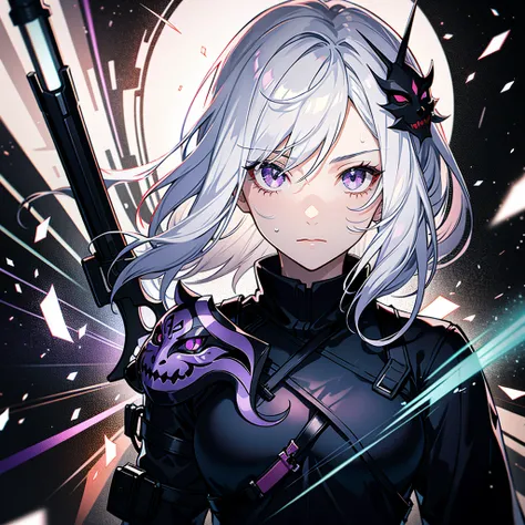 1 Girl, White hair, Colorful hair, Purple Eyes, masks on head, Side Light, Light Particles, wallpaper, Armed, Sweating