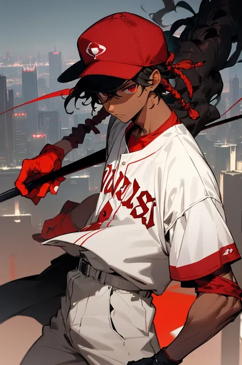 1male, tan skin, black hair, short hair with dreads, black backwards cap, white and red baseball open jersey, red eyes, expressionless, red shades, red gloves, cityscape background