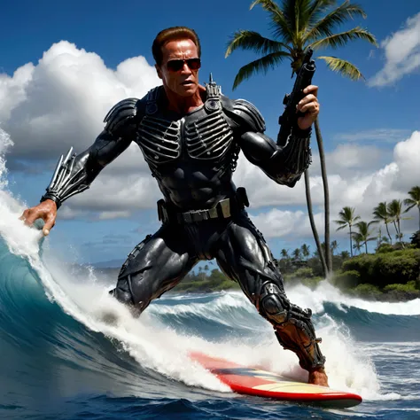 (riding a surf board) Arnold Schwarzenegger as T-800 battle damaged,1990s,wielding machine gun,riding surfboard,intense horror sci-fi,Hawaii,photorealistic,hyperdetailed,high contrast lighting,gritty,dramatic posing,muscular body,metallic exoskeleton,glowi...
