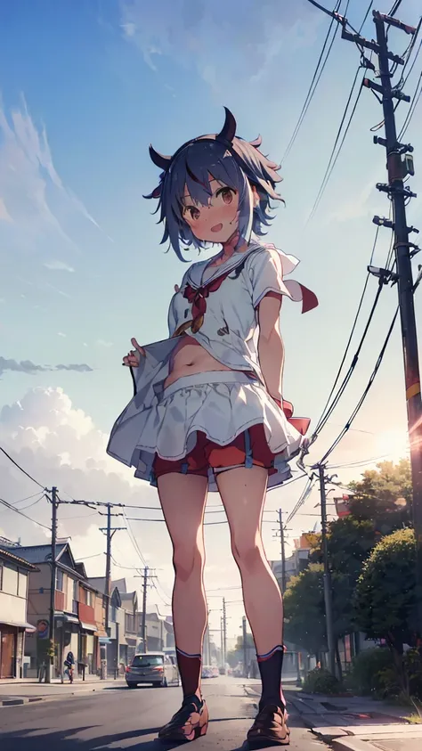 masterpiece, Highest quality, High resolution, Very detailed,(((Mikoto Naruka))), (((evening)))、(((laughing。)))、(((Standing in the distance))), (((Facing forward。))), (((Shorts))), (((electric wire))), (((Electric pole))), (((T-Shirts))), (((My belly is vi...