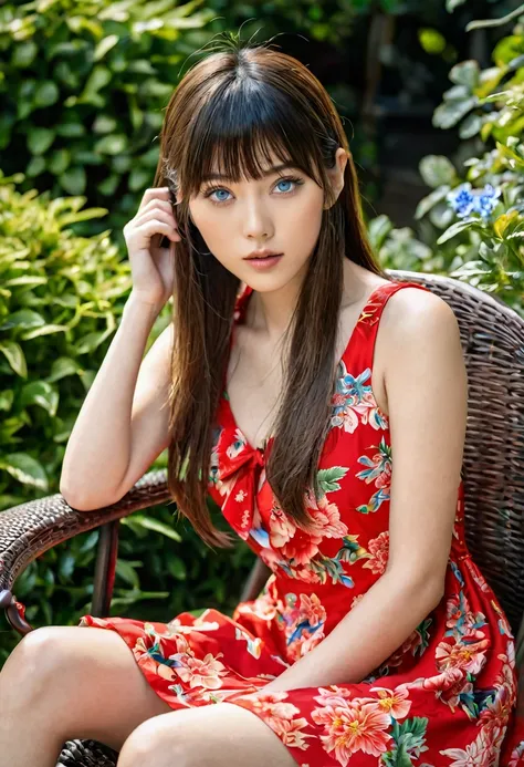 young japanese female model, 20 years old, short height, long brunette hair, bangs hairstyle, blue eyes, masterpiece, 8k resolution, highly detailed, wearing red floral summer dress, sitting on a chair in a garden,