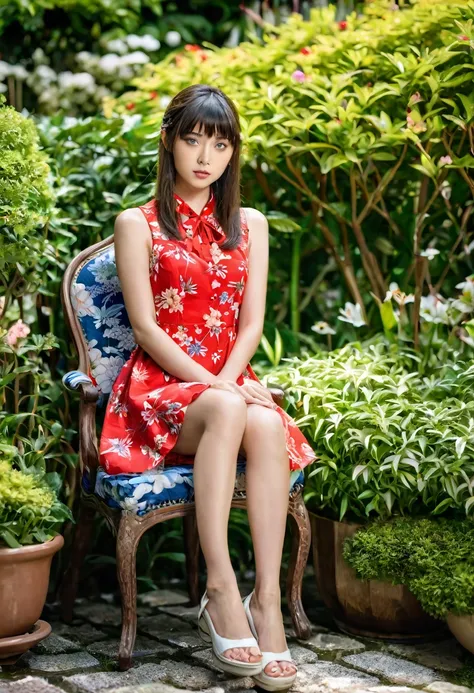 young japanese female model, 20 years old, short height, long brunette hair, bangs hairstyle, blue eyes, masterpiece, 8k resolution, highly detailed, wearing red floral summer dress, sitting on a chair in a garden,