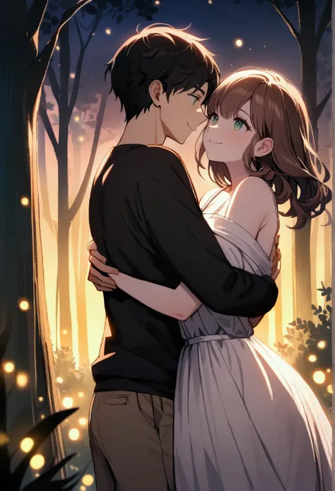 a girl and a boy, The girl has wavy brown hair, wearing white wrapped dress and brown shorts, green eyes, freckles on the face, hugging the boy, The boy has black hair and violet eyes, wearing black sweatshirt and gray pants., they are very hugged, dancing...