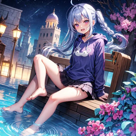 Blue-light purple hair、Red eyes、Braid、One cute girl、solo、And soul、Light clothing、Checked mini skirt、petal、Wet hair、black t-shirts、Rabbit Hoodie、large tree、cloud、Red full moon、desert、barefoot、Stones are piled up、Teeth are visible、Secret Treasure、Wooden chai...