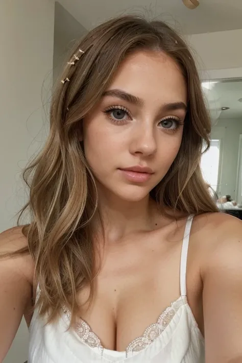  Beautifull girl, selfie of a gorgeous young lady with light skin and loose, wavy blonde hair with brown roots, bright blue eyes, wearing a white lace camisole, emphasized by delicate eye makeup, and natural, arched eyebrows, her makeup is understated, fea...