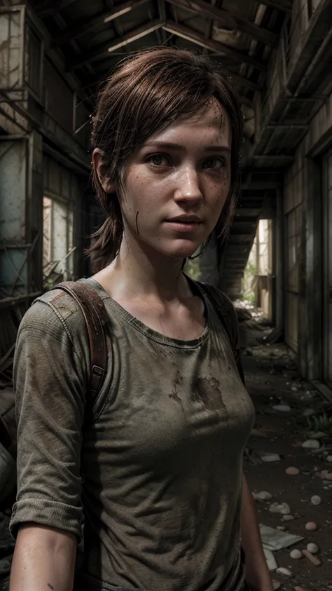 Ellie de the last of us, qui prend un selfie dans une ville abandonnée en souriant 