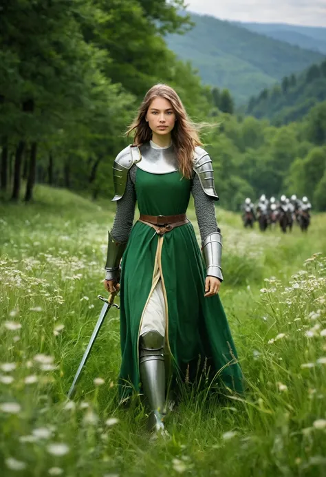 In a green meadow stands a girl leading a group of knights.
BREAK
With a brave expression, she guides them towards their destination.
BREAK
Behind her, a green forest stretches out and beyond that, mountains rise in the distance.
BREAK
The most suitable ef...