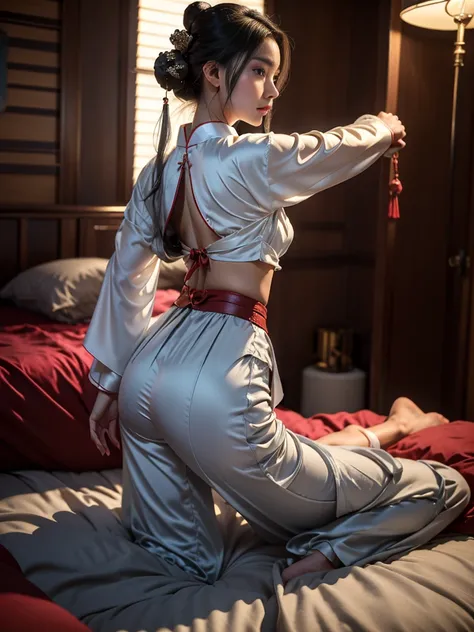 ((best quality)),((excellent quality, 8K, master piece: 1.5)), The pubic area is clear: 1.4, perfect body beauty: 1.4,  sexy hanfu clothes，sexy hanfu clothes，I can see your pants，gray hair，wet skin, sleeping in bed，back stance，pointed ass，round butt，pointe...