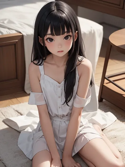 masterpiece, best quality, 1 girl, solo, 6 years old, flat chest, mai, black eyes, black hair, long hair, blunt bangs, straight ...