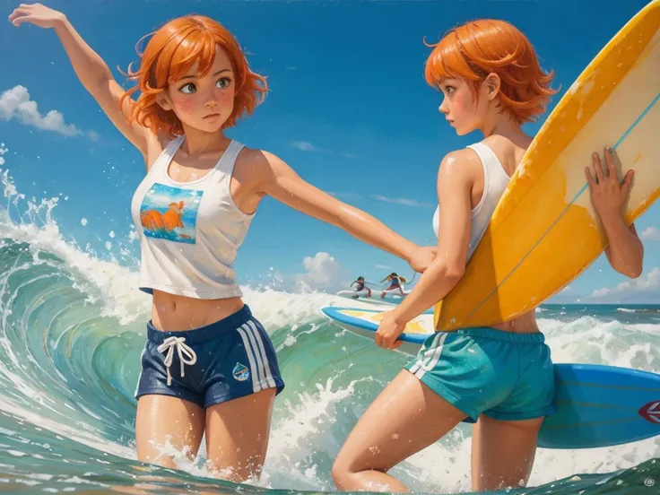 (surfing young girl, isabelmoner-smf, dora), (surfing on waves). (Hyper-realistic), Very short orange hair, Green eyes, freckles, white cute tanktop, Mini Shorts, Sport, sweaty, Average Breasts, aesthetics, ((oil painting)), (headband:0.75),(teal:0.2),(Ora...