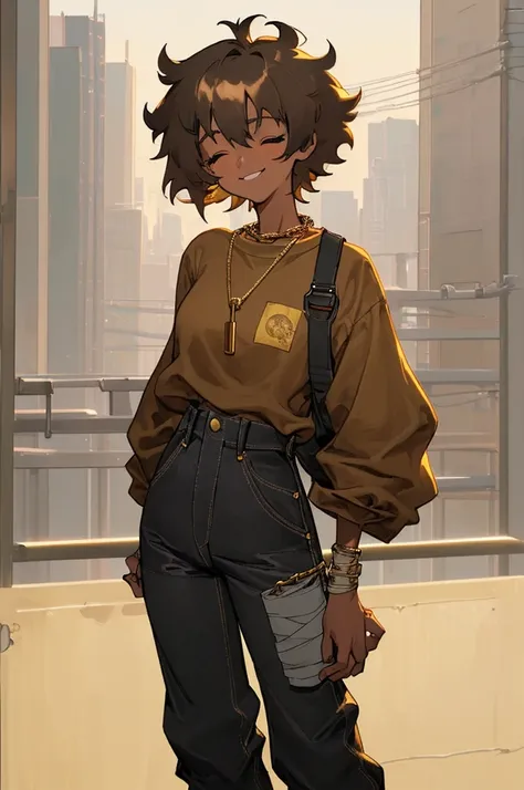 1female, tan skin, black short hair, messy hair, red baggy longsleeve shirt, black denim baggy pants, gold chain around pants, smilling, bandage on nose, cityscape background, closed eyes