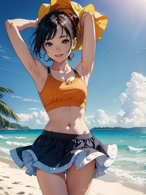 Woman dancing happily on the beach in a skirt and small top